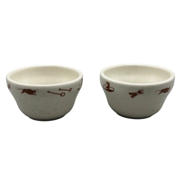 Homer Laughlin China Set Of 2 Vintage Custard Bowls Western Pattern Beige Brown - Picture 1 of 8